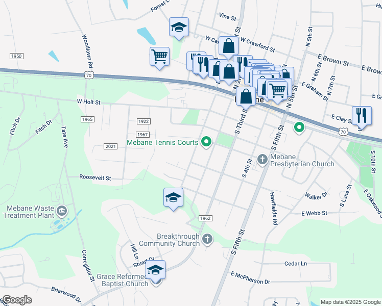 map of restaurants, bars, coffee shops, grocery stores, and more near 410 South 1st Street in Mebane
