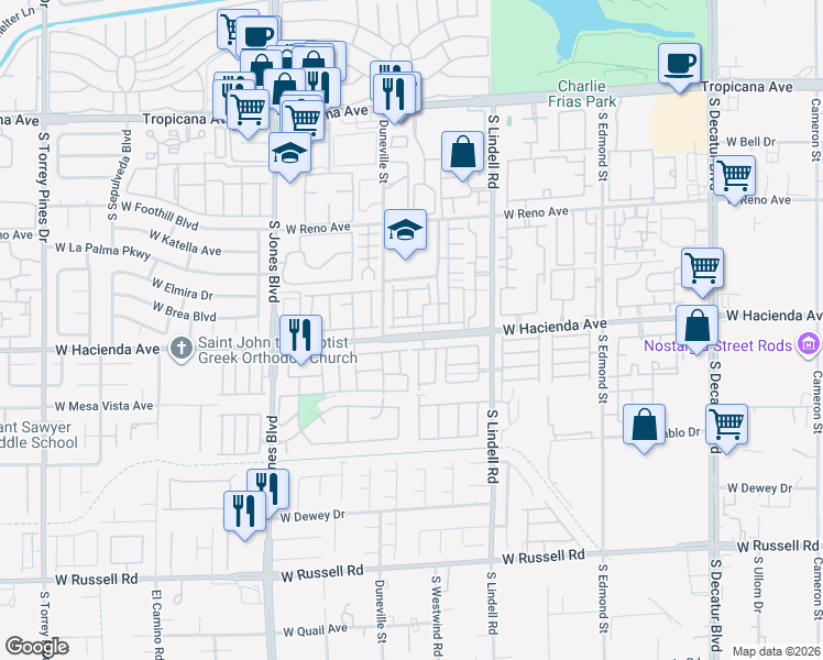 map of restaurants, bars, coffee shops, grocery stores, and more near 5723 Ritter Lane in Las Vegas