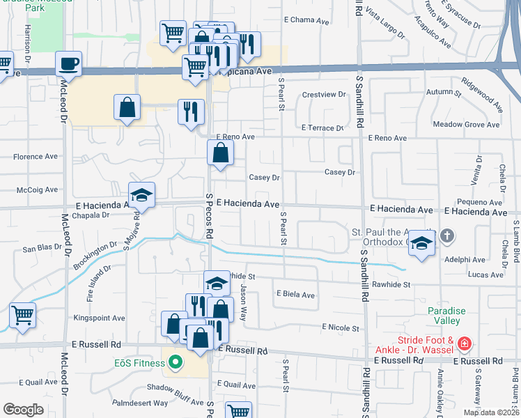 map of restaurants, bars, coffee shops, grocery stores, and more near 3537 East Hacienda Avenue in Las Vegas