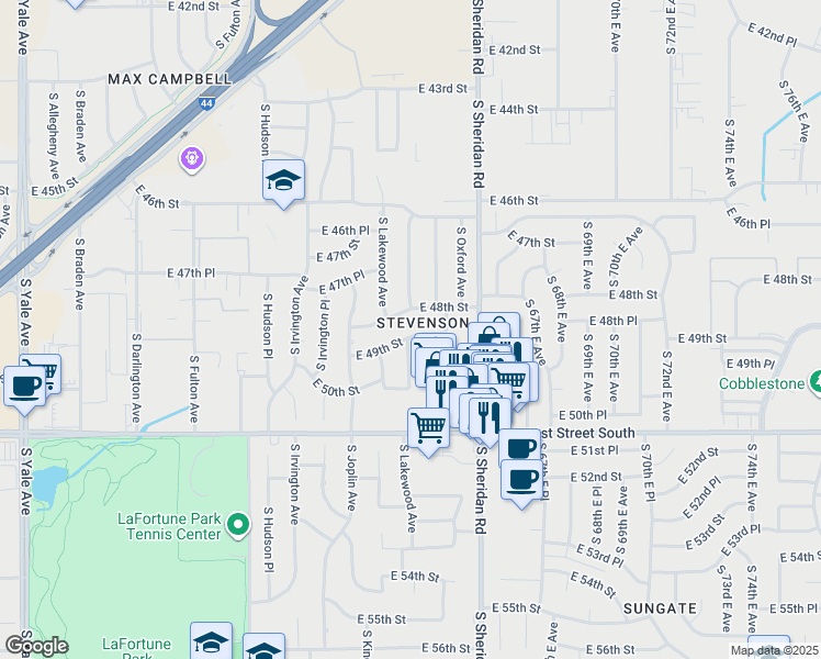 map of restaurants, bars, coffee shops, grocery stores, and more near 6207 East 49th Street in Tulsa