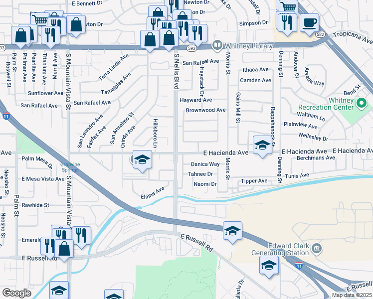 map of restaurants, bars, coffee shops, grocery stores, and more near 5030 East Hacienda Avenue in Las Vegas