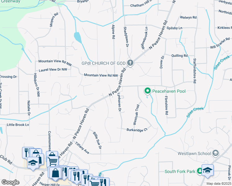 map of restaurants, bars, coffee shops, grocery stores, and more near 351 North Peace Haven Road in Winston-Salem