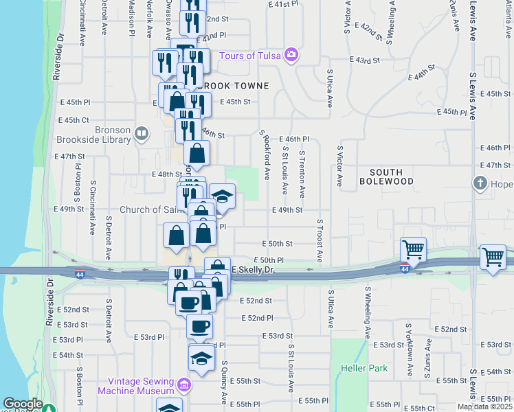 map of restaurants, bars, coffee shops, grocery stores, and more near 1419 East 49th Street in Tulsa