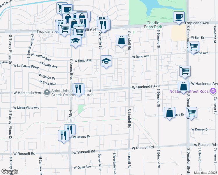 map of restaurants, bars, coffee shops, grocery stores, and more near 5707 West Hacienda Avenue in Las Vegas