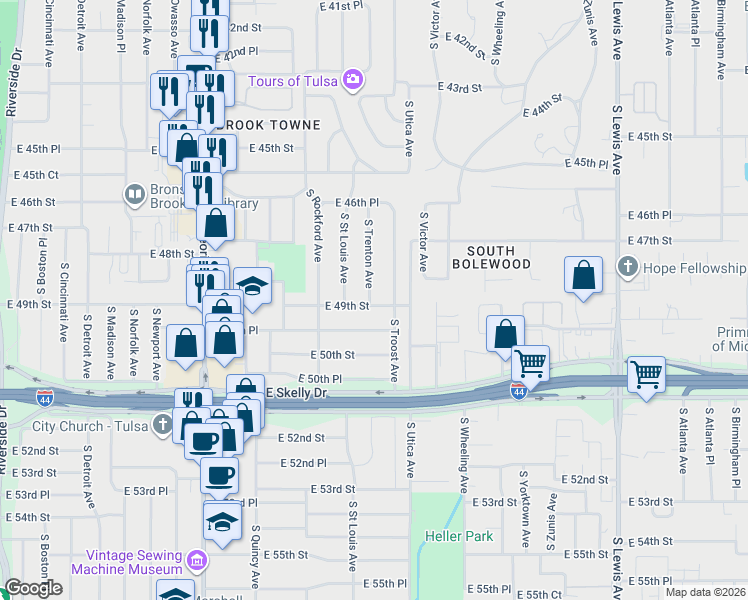 map of restaurants, bars, coffee shops, grocery stores, and more near 1601 East 49th Street in Tulsa