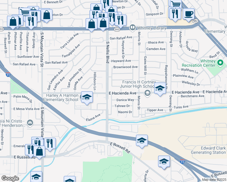 map of restaurants, bars, coffee shops, grocery stores, and more near 5030 East Hacienda Avenue in Las Vegas