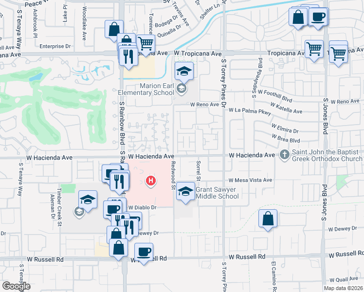 map of restaurants, bars, coffee shops, grocery stores, and more near 6668 Maddies Way in Las Vegas
