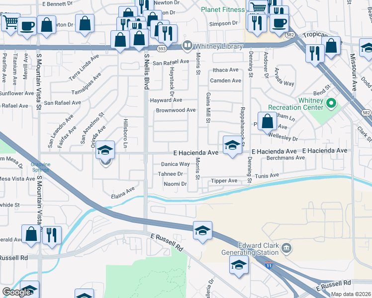 map of restaurants, bars, coffee shops, grocery stores, and more near 5150 East Hacienda Avenue in Las Vegas