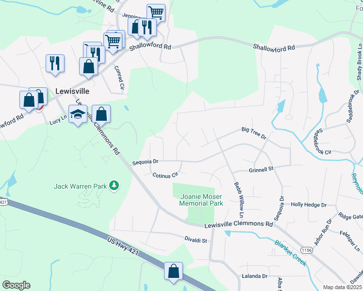 map of restaurants, bars, coffee shops, grocery stores, and more near 1255 Forest Wood Drive in Lewisville