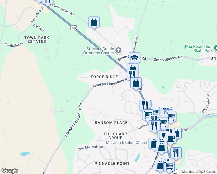 map of restaurants, bars, coffee shops, grocery stores, and more near 244 Franklin Limestone Road in Nashville
