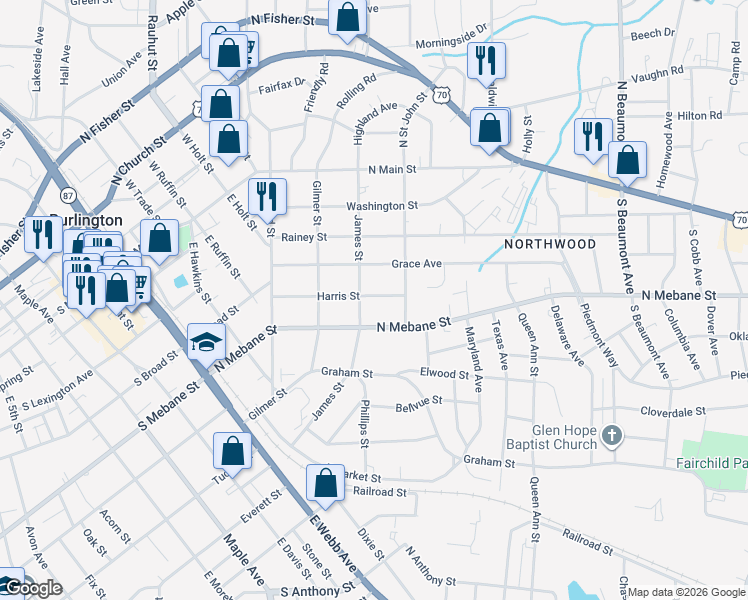 map of restaurants, bars, coffee shops, grocery stores, and more near 907 Harris Street in Burlington