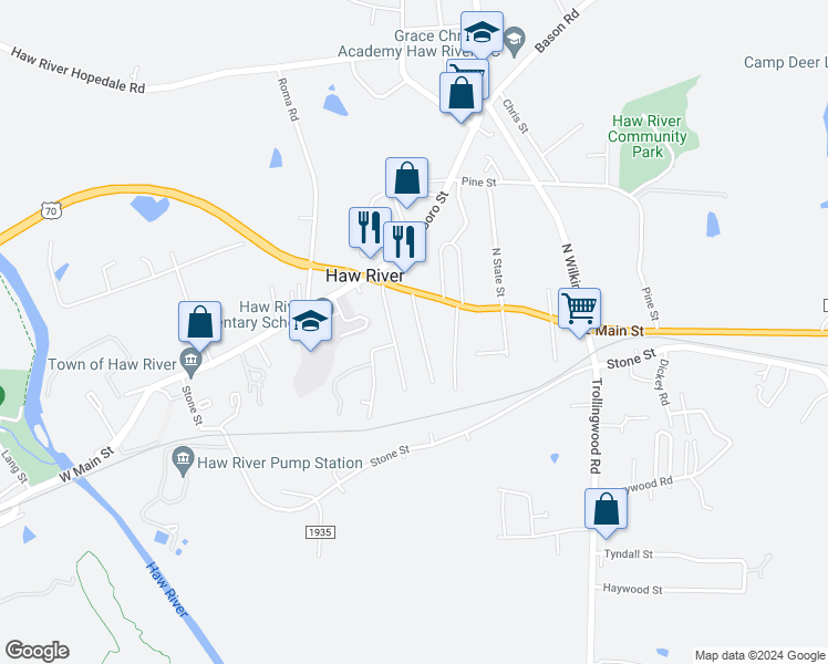 map of restaurants, bars, coffee shops, grocery stores, and more near 115 2nd Street in Haw River