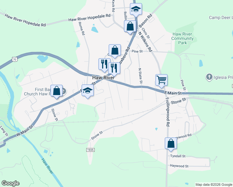 map of restaurants, bars, coffee shops, grocery stores, and more near 120 2nd Street in Haw River