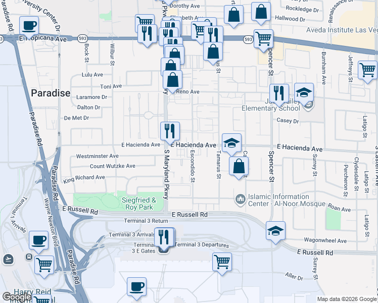 map of restaurants, bars, coffee shops, grocery stores, and more near 5336 Mancos Court in Las Vegas