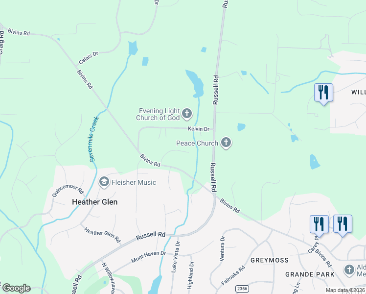 map of restaurants, bars, coffee shops, grocery stores, and more near 121 Misty Ridge Road in Durham