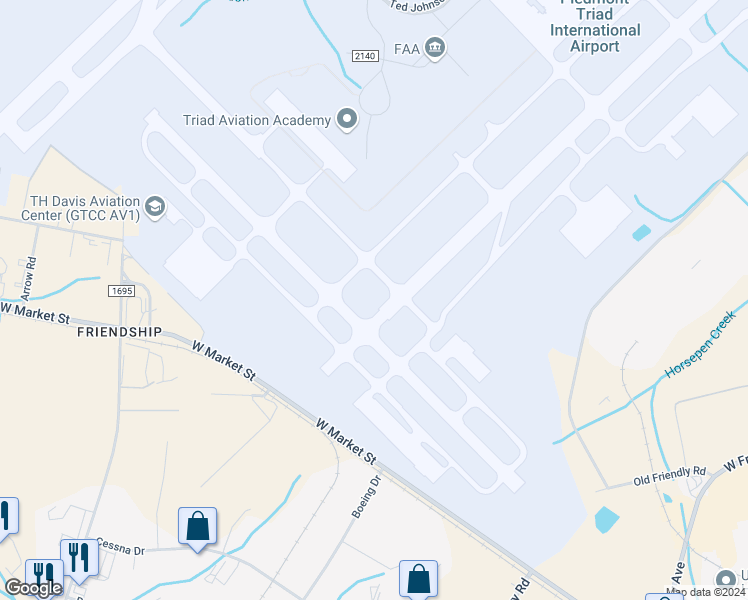 map of restaurants, bars, coffee shops, grocery stores, and more near 7346 West Market Street in Greensboro