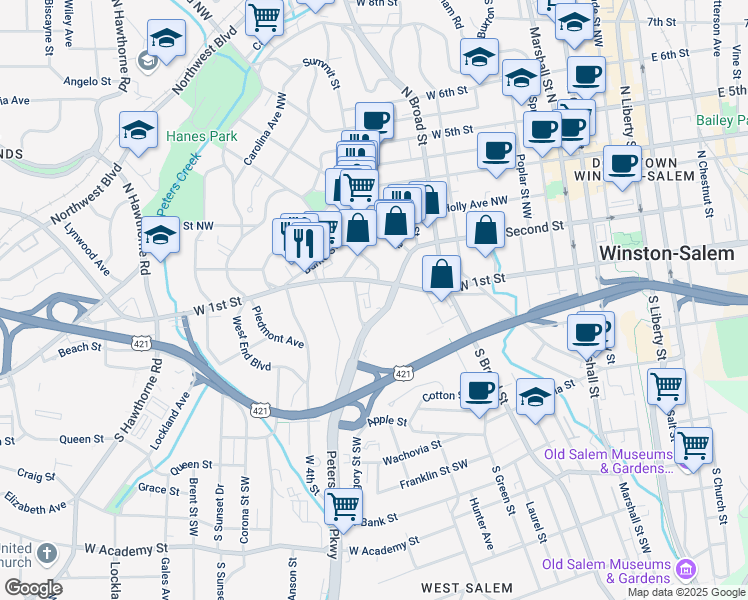 map of restaurants, bars, coffee shops, grocery stores, and more near 130 Park Circle Southwest in Winston-Salem