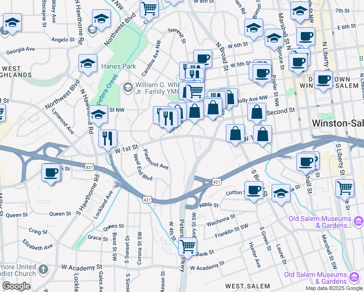 map of restaurants, bars, coffee shops, grocery stores, and more near 127 Westdale Avenue Northwest in Winston-Salem