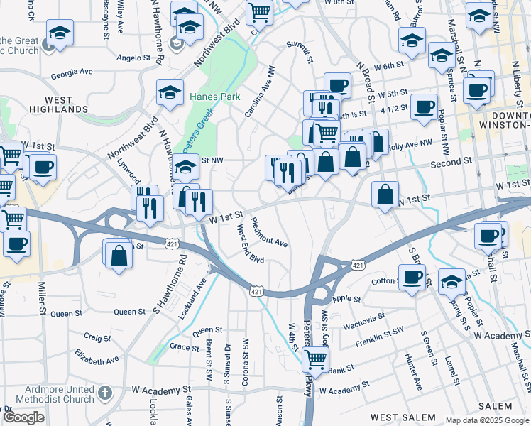 map of restaurants, bars, coffee shops, grocery stores, and more near 1218 West 1st Street in Winston-Salem
