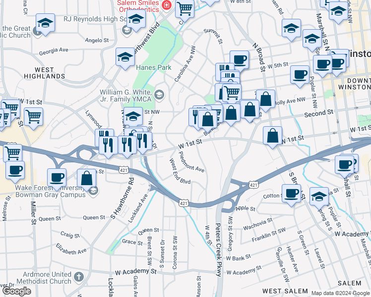 map of restaurants, bars, coffee shops, grocery stores, and more near 1218 West 1st Street in Winston-Salem