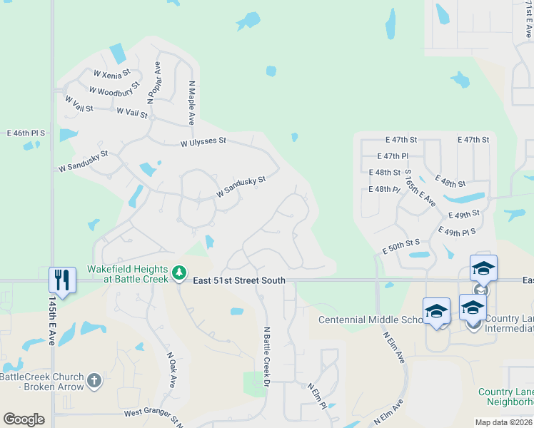 map of restaurants, bars, coffee shops, grocery stores, and more near 4109 North Battle Creek Drive in Broken Arrow