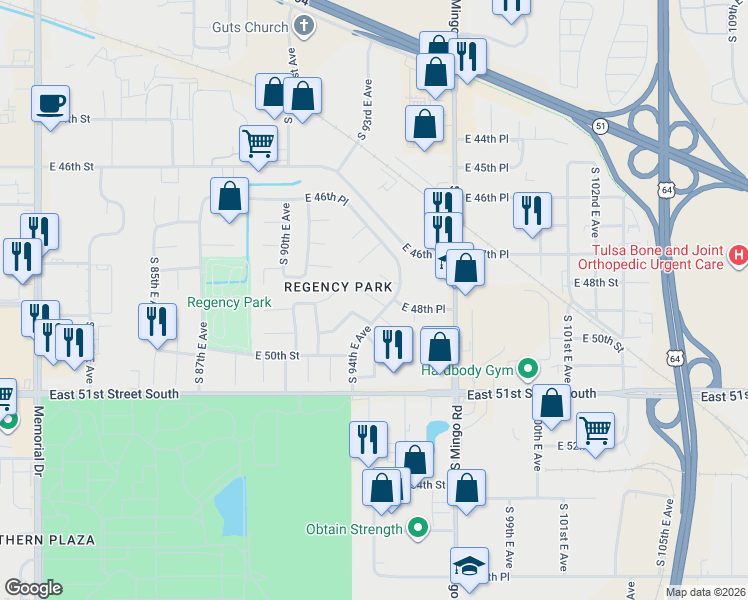 map of restaurants, bars, coffee shops, grocery stores, and more near 9153 East 49th Place in Tulsa