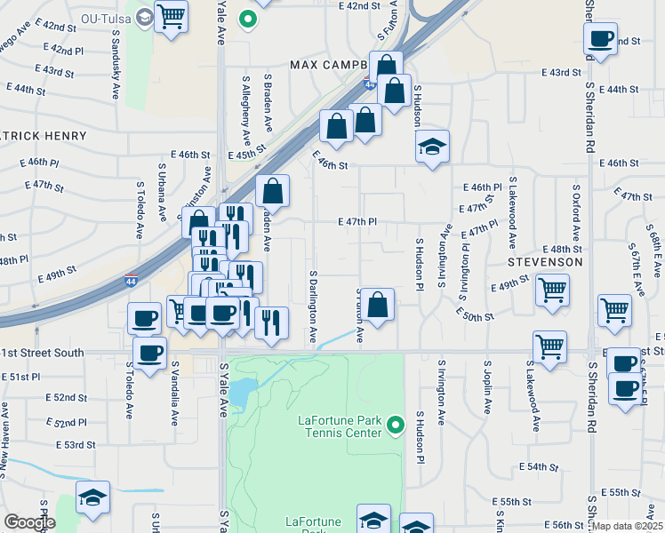 map of restaurants, bars, coffee shops, grocery stores, and more near 4848 South Darlington Avenue in Tulsa