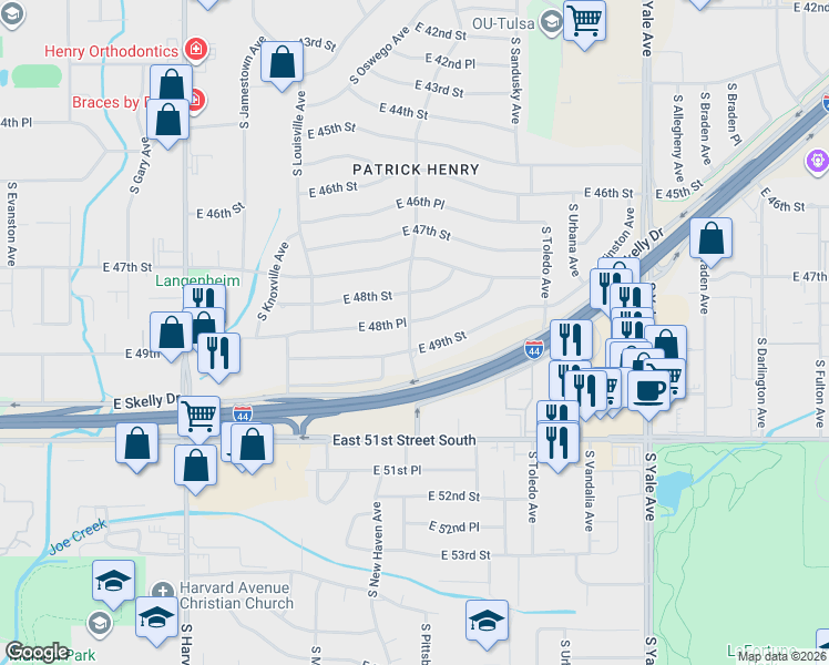map of restaurants, bars, coffee shops, grocery stores, and more near 4115 East 49th Street in Tulsa