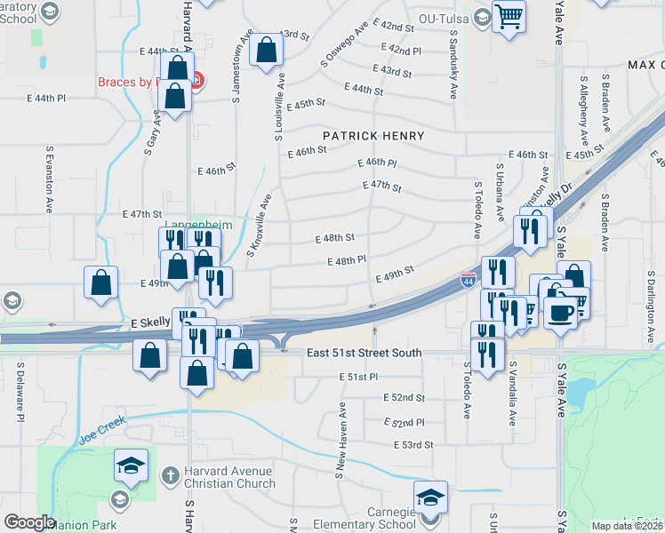 map of restaurants, bars, coffee shops, grocery stores, and more near 3764 East 48th Place in Tulsa