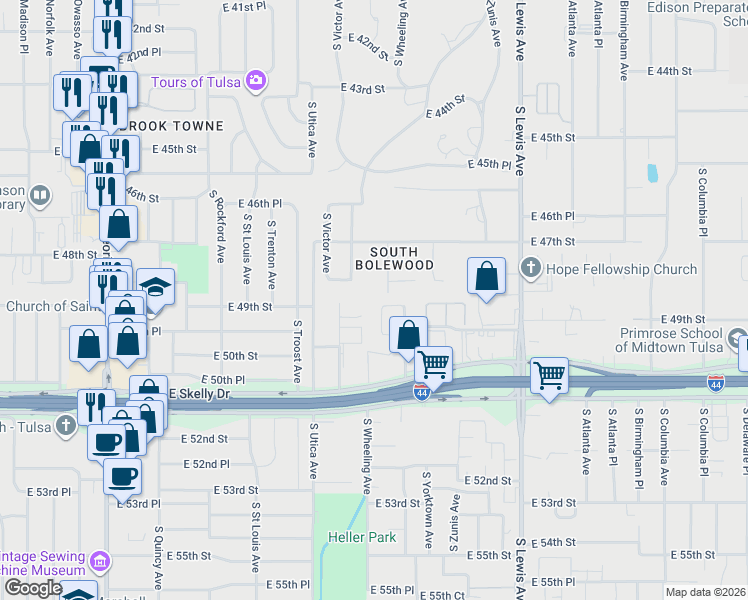 map of restaurants, bars, coffee shops, grocery stores, and more near 4810 South Wheeling Avenue in Tulsa