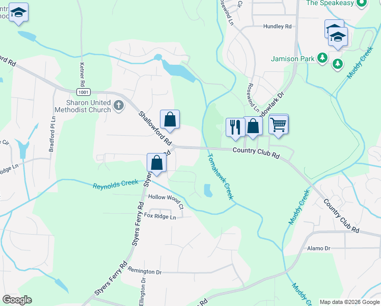 map of restaurants, bars, coffee shops, grocery stores, and more near 5708 Country Club Road in Winston-Salem