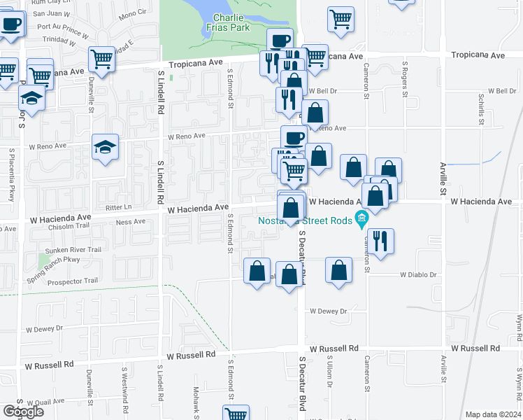 map of restaurants, bars, coffee shops, grocery stores, and more near 5055 West Hacienda Avenue in Las Vegas