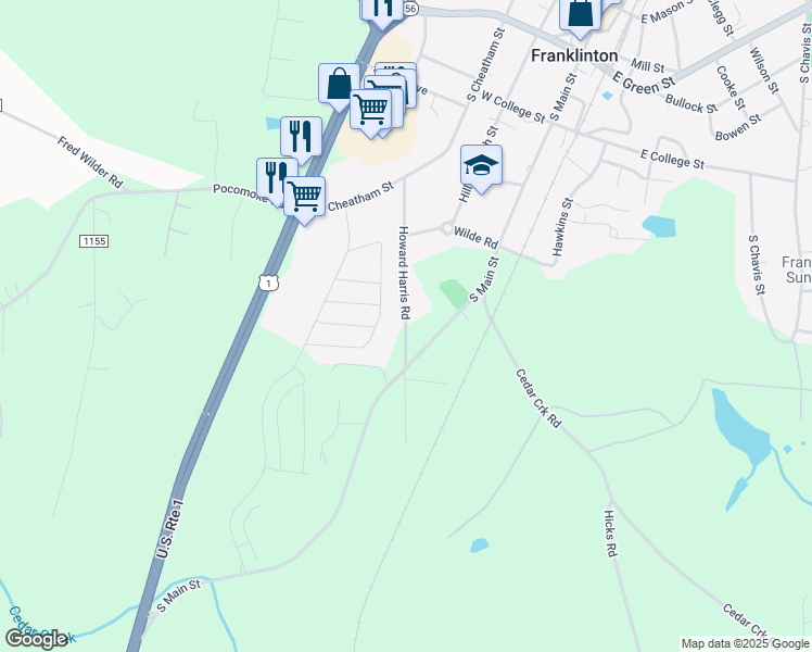 map of restaurants, bars, coffee shops, grocery stores, and more near 164 Howard Harris Road in Franklinton