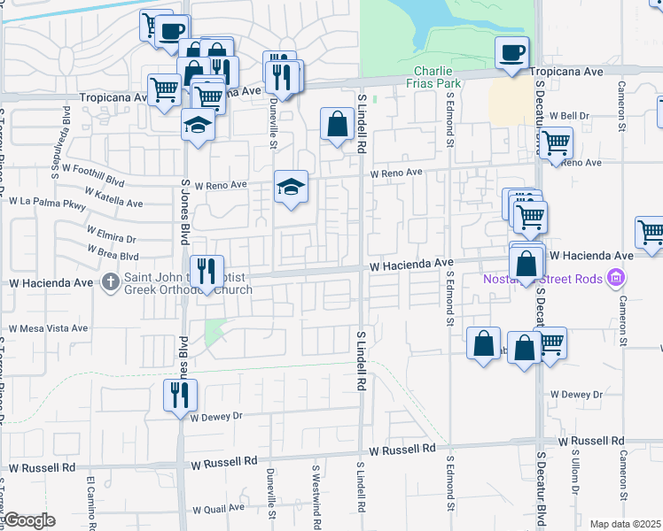 map of restaurants, bars, coffee shops, grocery stores, and more near 5603 West Hacienda Avenue in Las Vegas