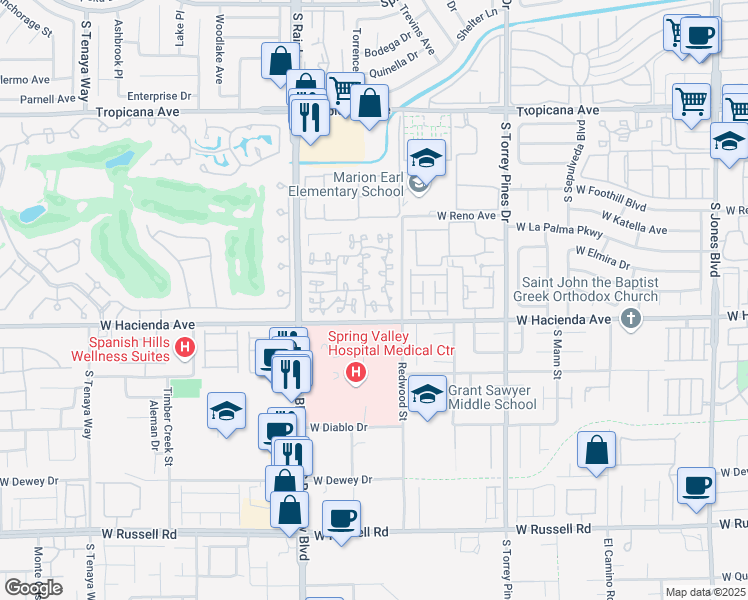 map of restaurants, bars, coffee shops, grocery stores, and more near 5250 South Rainbow Boulevard in Las Vegas
