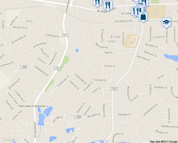 map of restaurants, bars, coffee shops, grocery stores, and more near 408 Courtland Drive in Elon