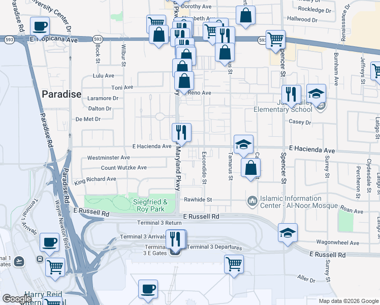map of restaurants, bars, coffee shops, grocery stores, and more near 5336 Mancos Court in Las Vegas