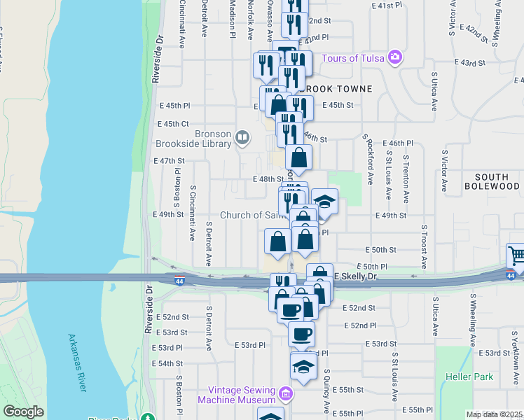 map of restaurants, bars, coffee shops, grocery stores, and more near 1127 East 49th Street in Tulsa