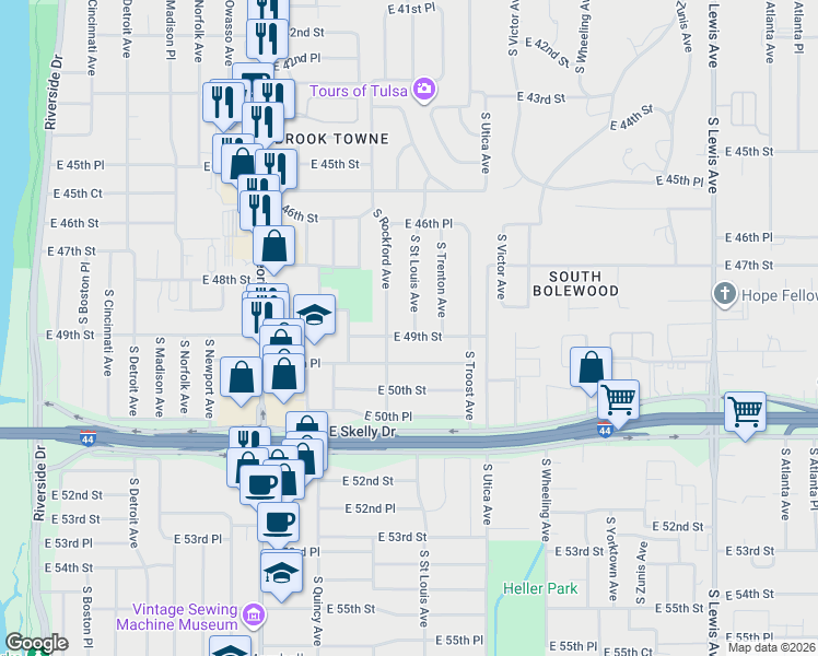 map of restaurants, bars, coffee shops, grocery stores, and more near 1519 East 49th Street in Tulsa