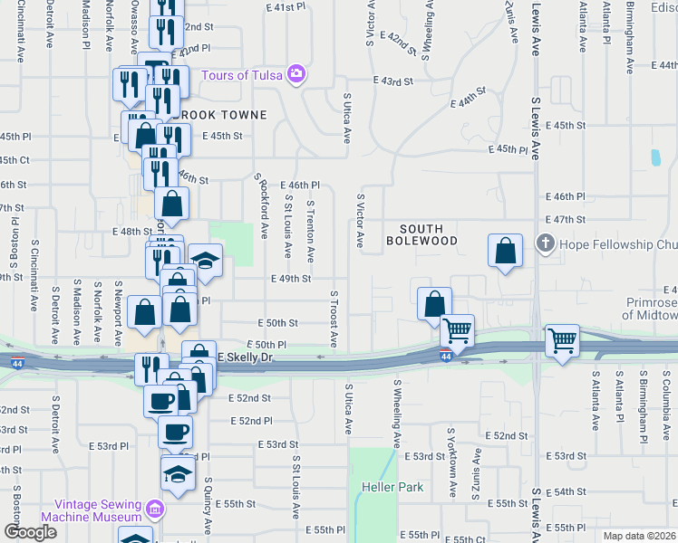 map of restaurants, bars, coffee shops, grocery stores, and more near 1649 East 49th Street in Tulsa