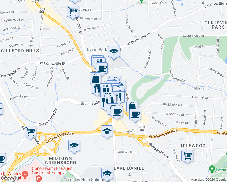 map of restaurants, bars, coffee shops, grocery stores, and more near 1813 Pembroke Road in Greensboro