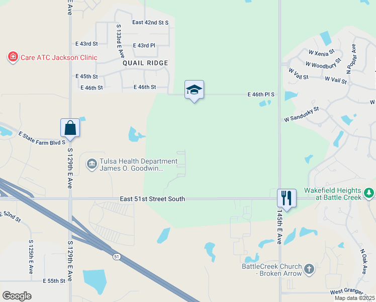 map of restaurants, bars, coffee shops, grocery stores, and more near 5091 South 136th East Avenue in Tulsa