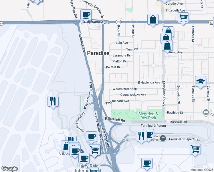 map of restaurants, bars, coffee shops, grocery stores, and more near 5312 South Swenson Street in Las Vegas