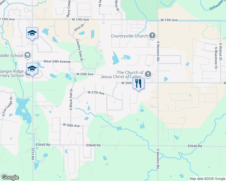 map of restaurants, bars, coffee shops, grocery stores, and more near 2618 South August Drive in Stillwater