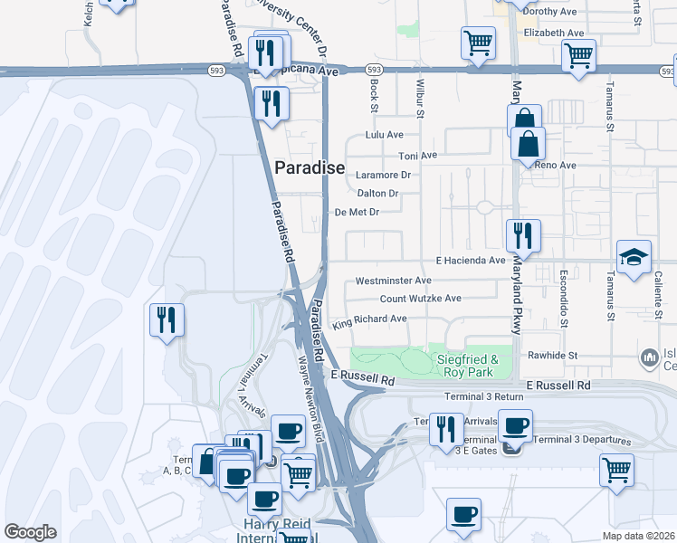 map of restaurants, bars, coffee shops, grocery stores, and more near 5358 South University Center Drive in Las Vegas