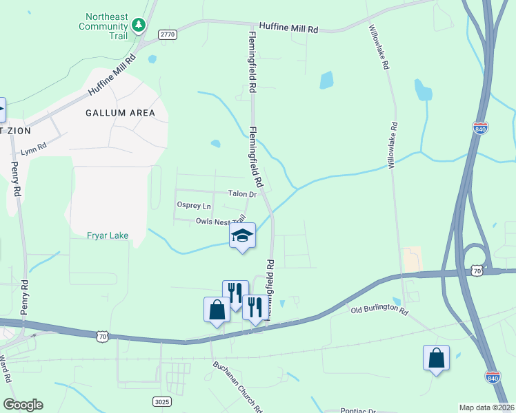 map of restaurants, bars, coffee shops, grocery stores, and more near 147 Flemingfield Road in McLeansville
