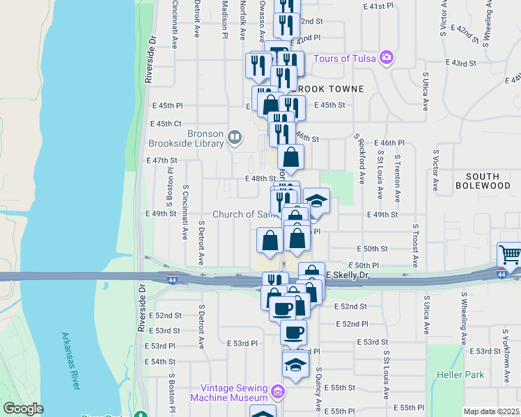 map of restaurants, bars, coffee shops, grocery stores, and more near 1127 East 49th Street in Tulsa