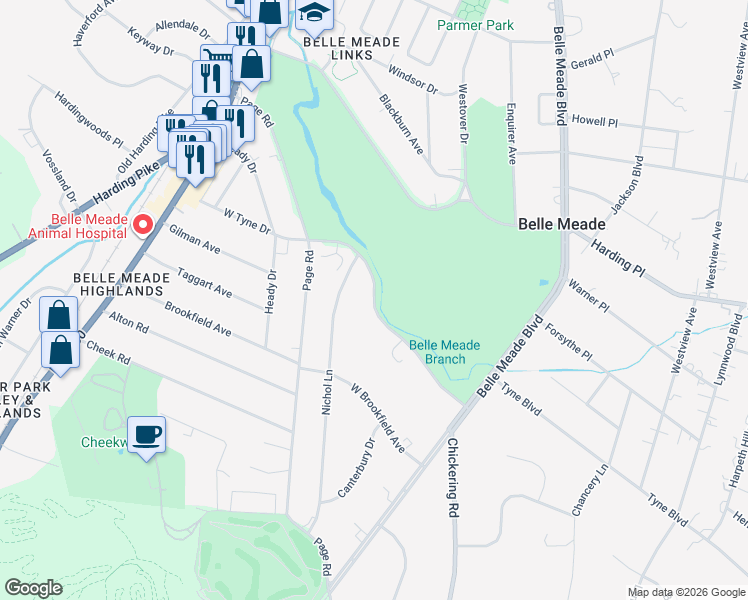 map of restaurants, bars, coffee shops, grocery stores, and more near West Tyne Drive in Nashville