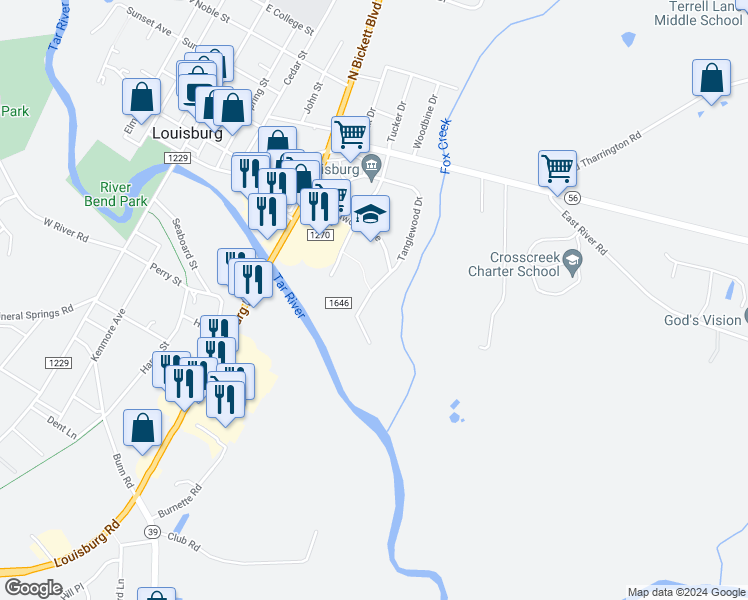 map of restaurants, bars, coffee shops, grocery stores, and more near 403 Tanglewood Drive in Louisburg