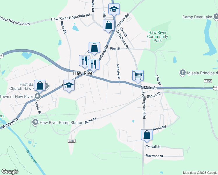 map of restaurants, bars, coffee shops, grocery stores, and more near 110 1st Street in Haw River